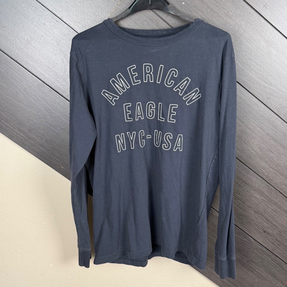 American Eagle Men's M Long Sleeve T Shirt Slate Blue NYC USA Graphic Cotton
